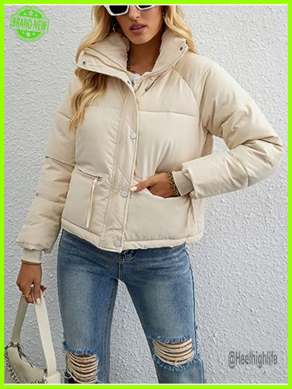 Cropped Puffer Jacket Full Zip Quilted Winter Coat with Pockets - Picture 4 of 7
